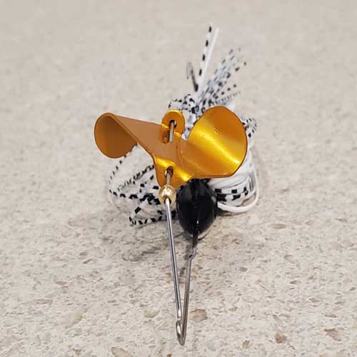 White Baitfish Baby Buzzbait Gold Blade Front View