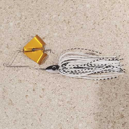 White Baitfish Baby Buzzbait Gold Blade Side View