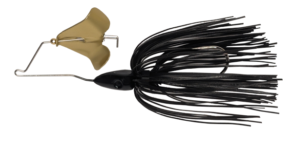 The Baby Buzzbait Black skirt and gold precision cupped blade.